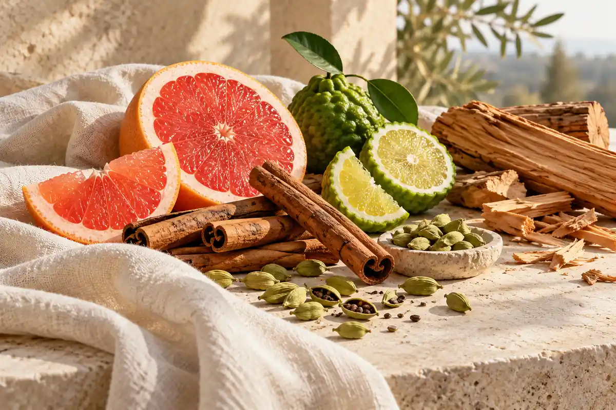Canela, cítricos, cardamomo y madera sobre piedra clara