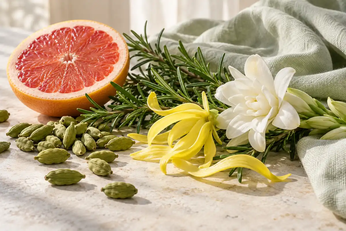 Perfumes de cardamomo: opciones cítricas, de café y avainilladas 2 Cardamomo y pomelo con romero y flores sobre piedra clara