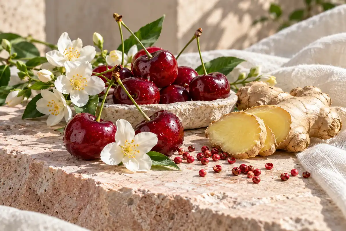 Cerezas con jengibre, flores blancas y pimienta rosa sobre piedra clara
