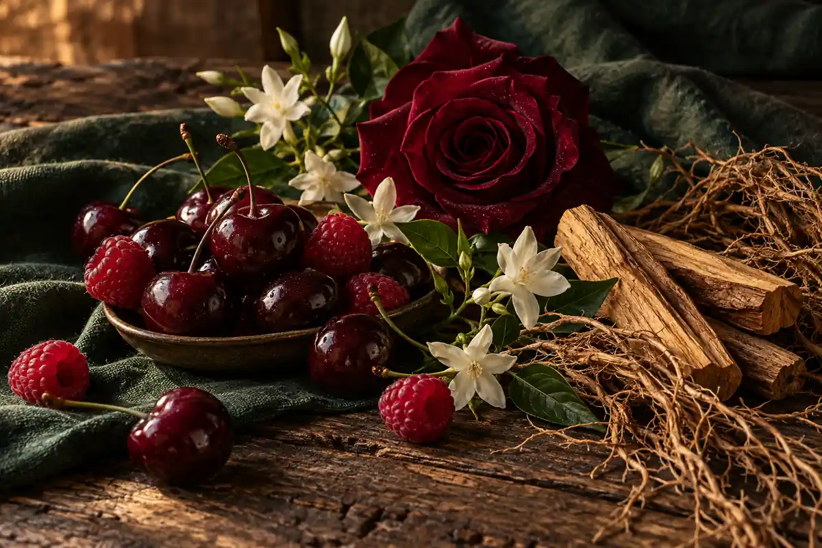 Cerezas y frambuesas con rosa, maderas y raíces sobre fondo verde