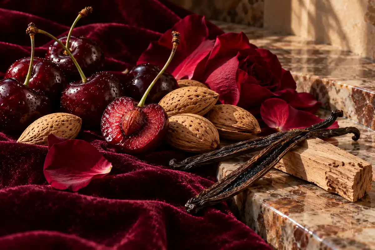 Cerezas oscuras con almendras, pétalos de rosa, vainilla y madera
