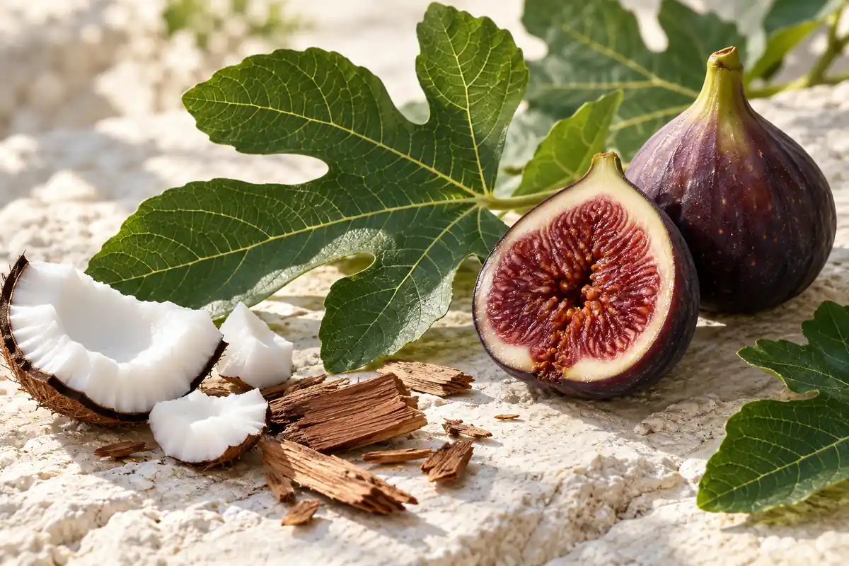 Hojas de higuera e higo cortado con coco y cedro