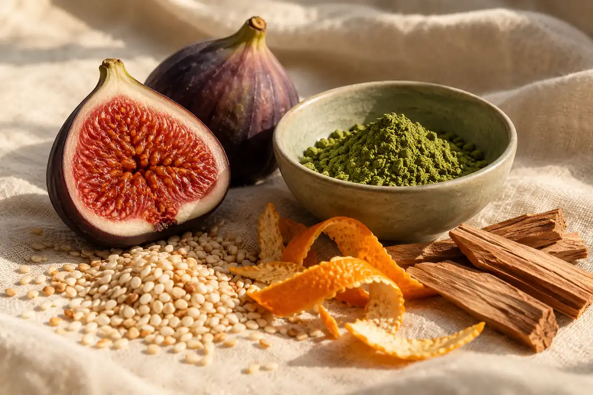Higo con matcha, sésamo, naranja amarga y sándalo sobre lino