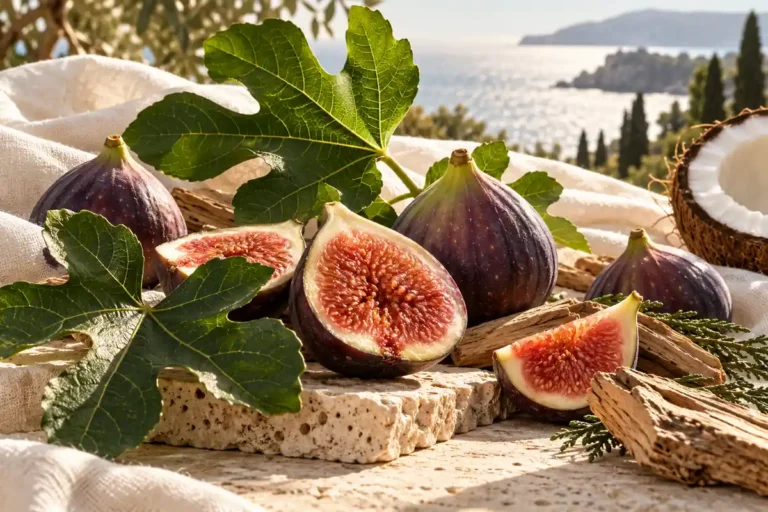 Perfumes de higo: cómo elegir entre frescor verde y un perfil cremoso 11 Higos maduros y hojas de higuera con madera, cedro y coco sobre piedra