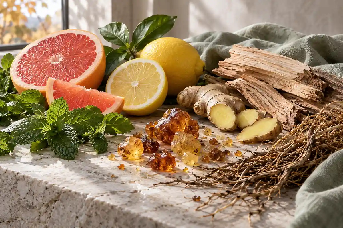 Resinas con pomelo, limón, menta, jengibre y maderas claras
