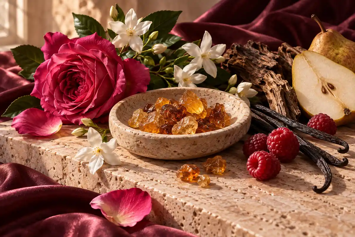 Resinas con rosa, flores blancas, pera, frambuesas y vainilla