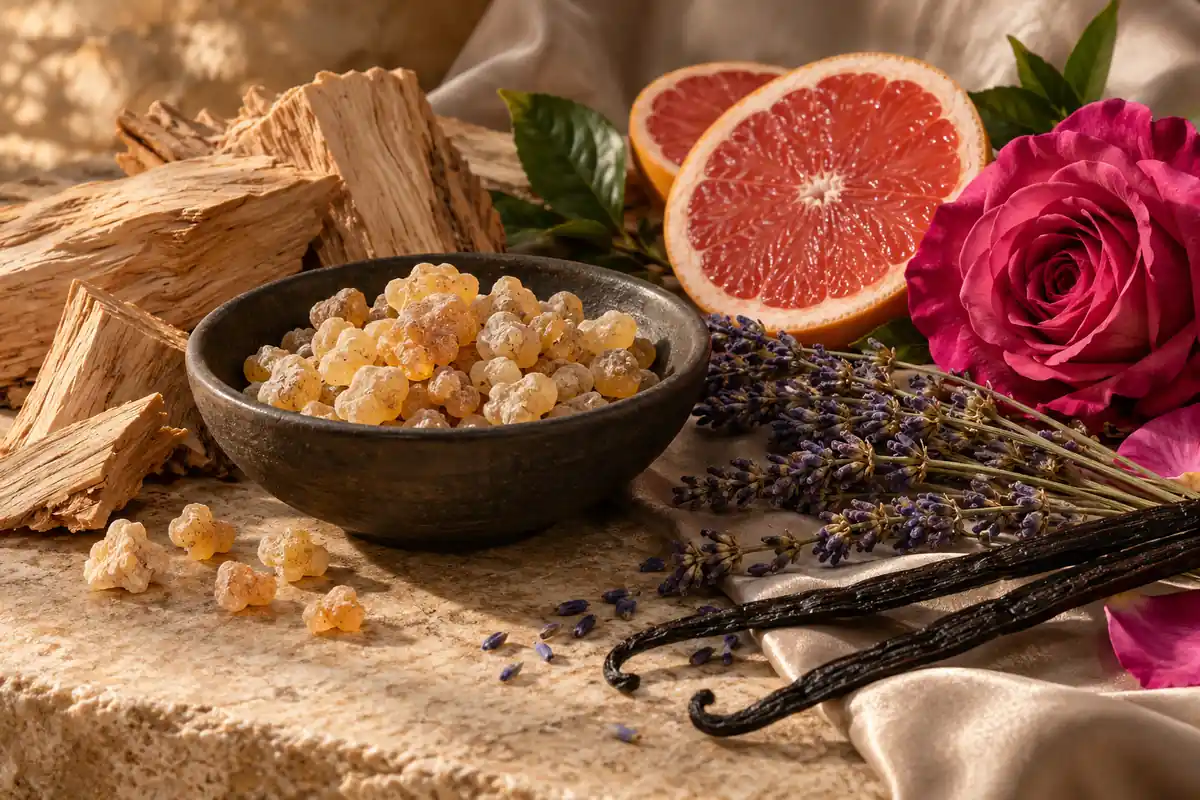 Resinas con cítricos, lavanda, vainilla, rosa y madera sobre piedra