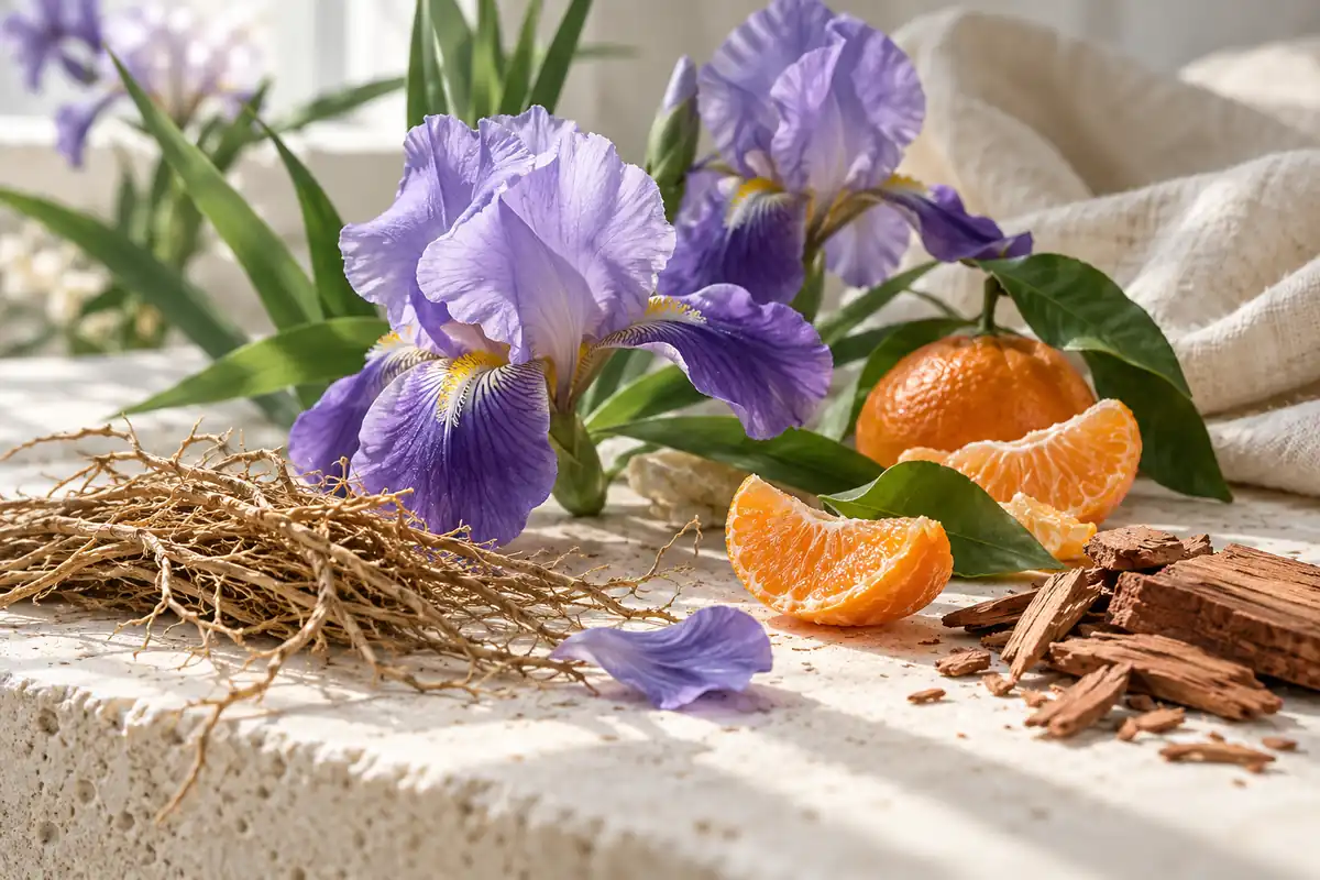 Perfumes de iris: cómo elegir entre frescor, notas empolvadas y calidez 2 Iris, mandarina, vetiver y cedro sobre piedra clara
