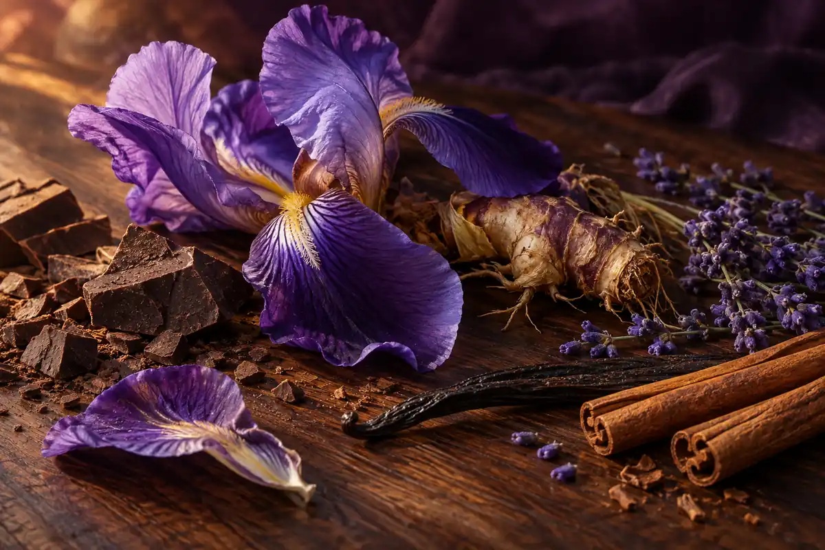 Perfumes de iris: cómo elegir entre frescor, notas empolvadas y calidez 3 Iris con cacao, lavanda, vainilla y canela sobre madera oscura