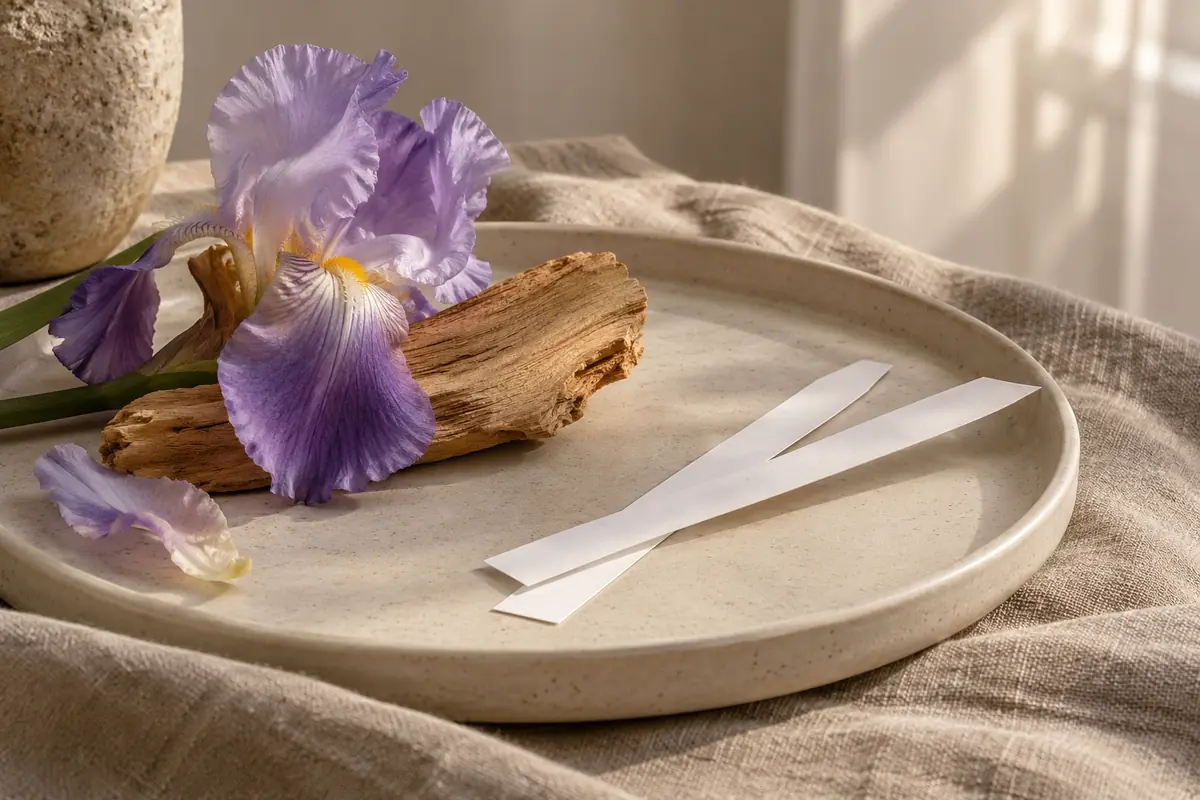 Perfumes de iris: cómo elegir entre frescor, notas empolvadas y calidez 4 Iris y cedro junto a dos tiras olfativas sin texto