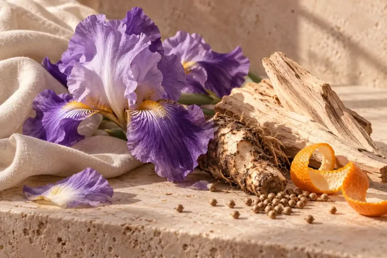 Flores de iris moradas con rizoma, cedro, cilantro y mandarina sobre lino