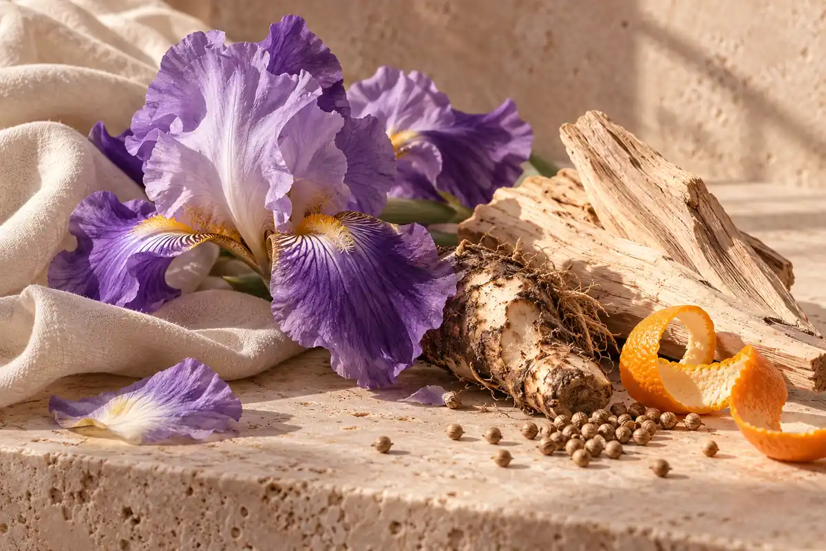 Perfumes de iris: cómo elegir entre frescor, notas empolvadas y calidez 1 Flores de iris moradas con rizoma, cedro, cilantro y mandarina sobre lino
