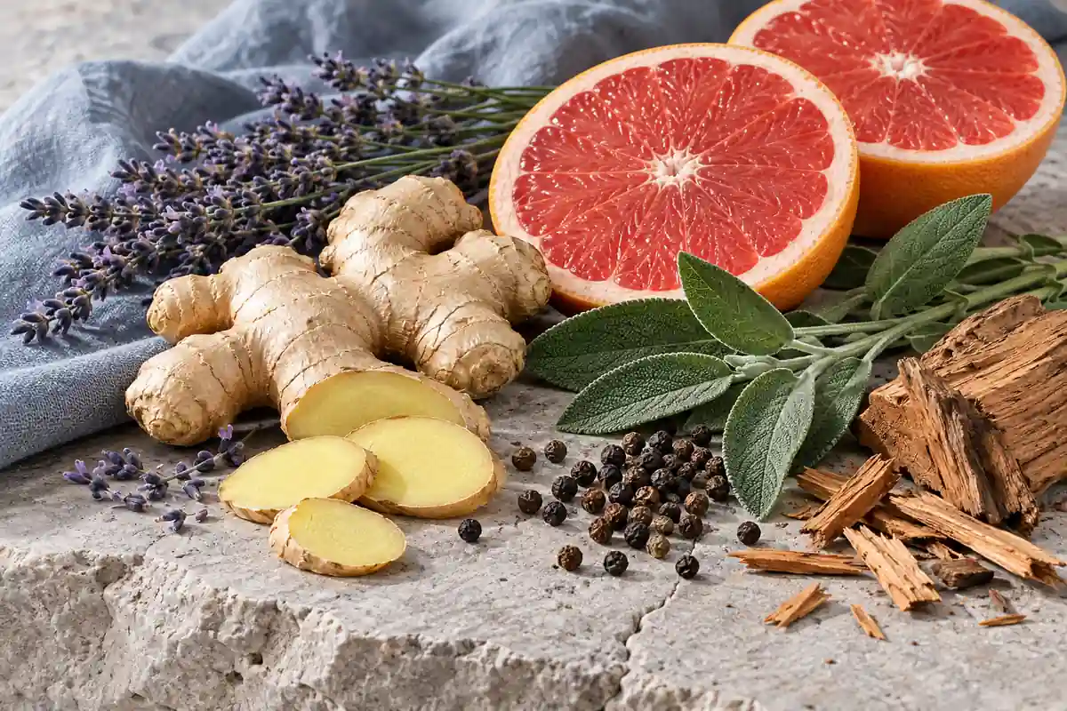 Jengibre con pomelo, lavanda, salvia, pimienta negra y cedro