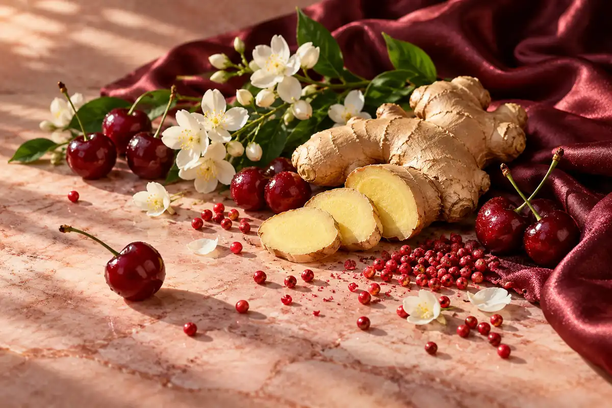 Jengibre con cerezas, flores de jazmín y pimienta rosa