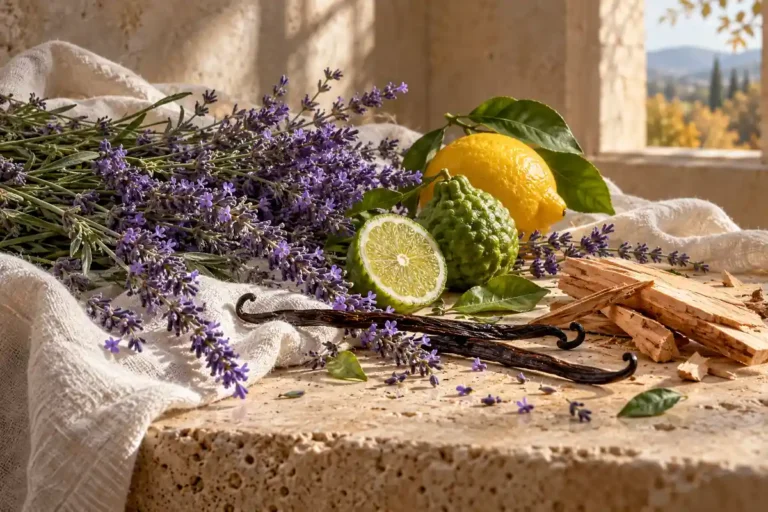 Perfumes de lavanda: opciones frescas y cálidas para comparar 13 Lavanda, limón, bergamota, vainilla y cedro sobre travertino