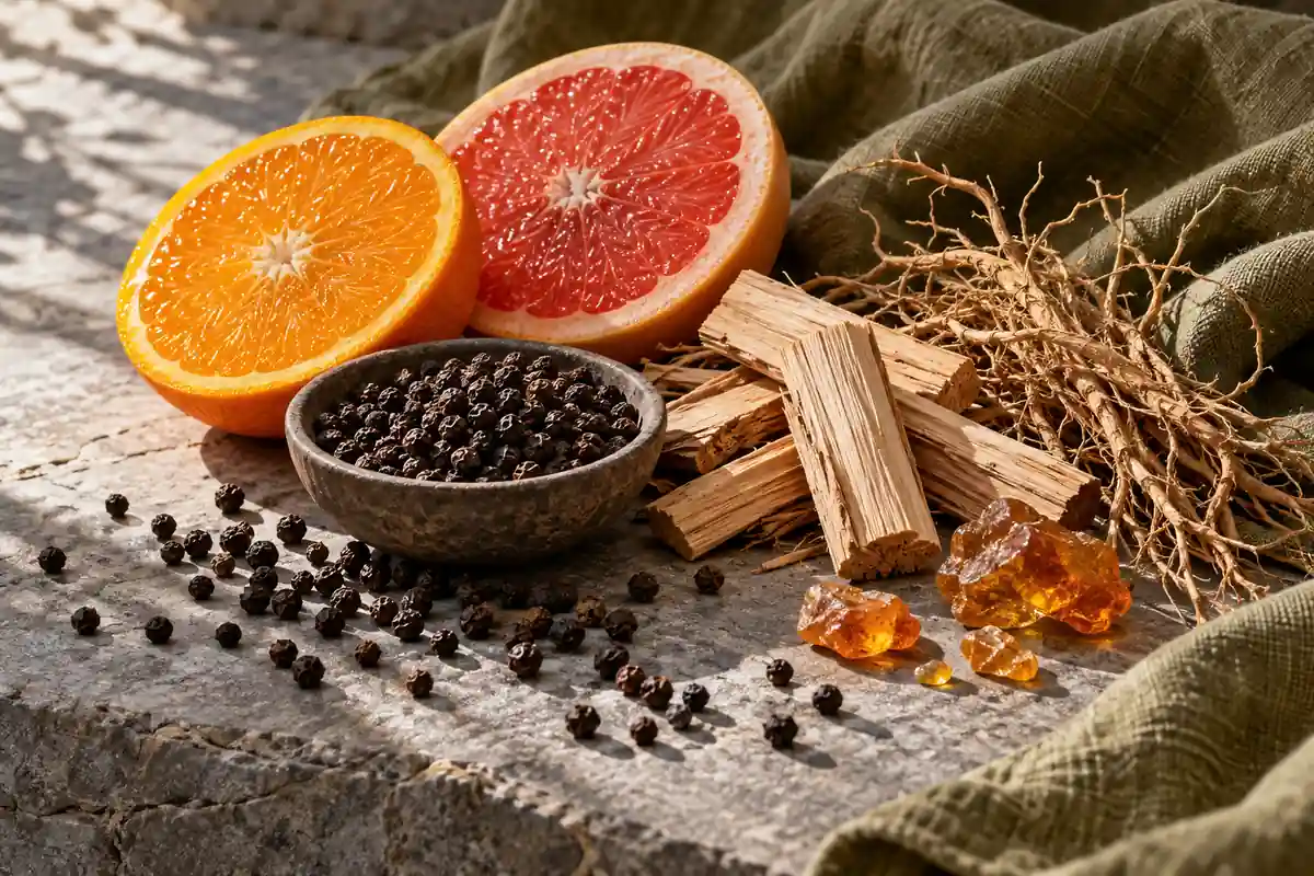 Perfumes de pimienta: cómo comparar negra, rosa y Sichuan 2 Pimienta negra con naranja, pomelo, madera, vetiver y resinas