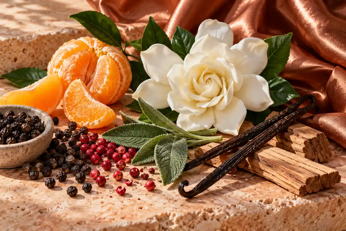Perfumes de pimienta: cómo comparar negra, rosa y Sichuan 3 Pimienta negra y rosa con mandarina, gardenia, salvia y vainilla
