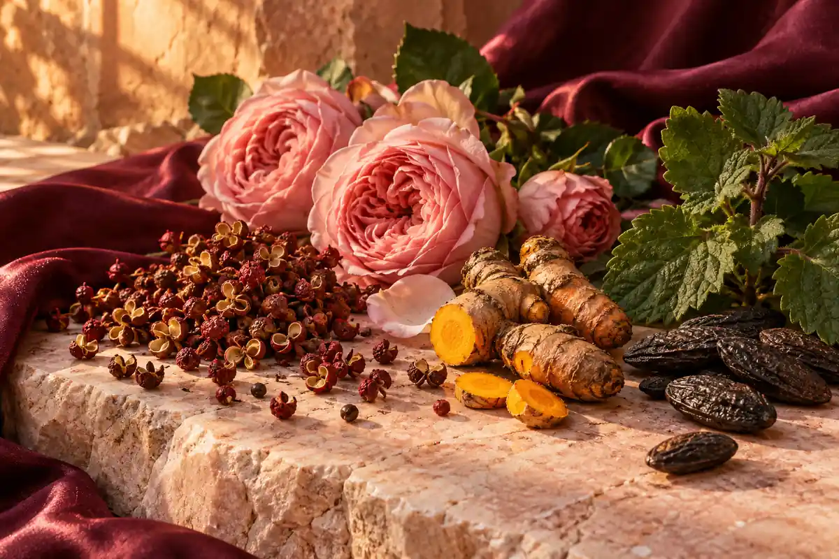Perfumes de pimienta: cómo comparar negra, rosa y Sichuan 4 Pimienta de Sichuan con cúrcuma, rosas, tonka y hojas verdes