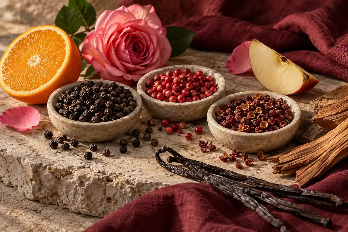 Perfumes de pimienta: cómo comparar negra, rosa y Sichuan 1 Pimientas de distintos colores con cítricos, rosa, manzana, vainilla y madera