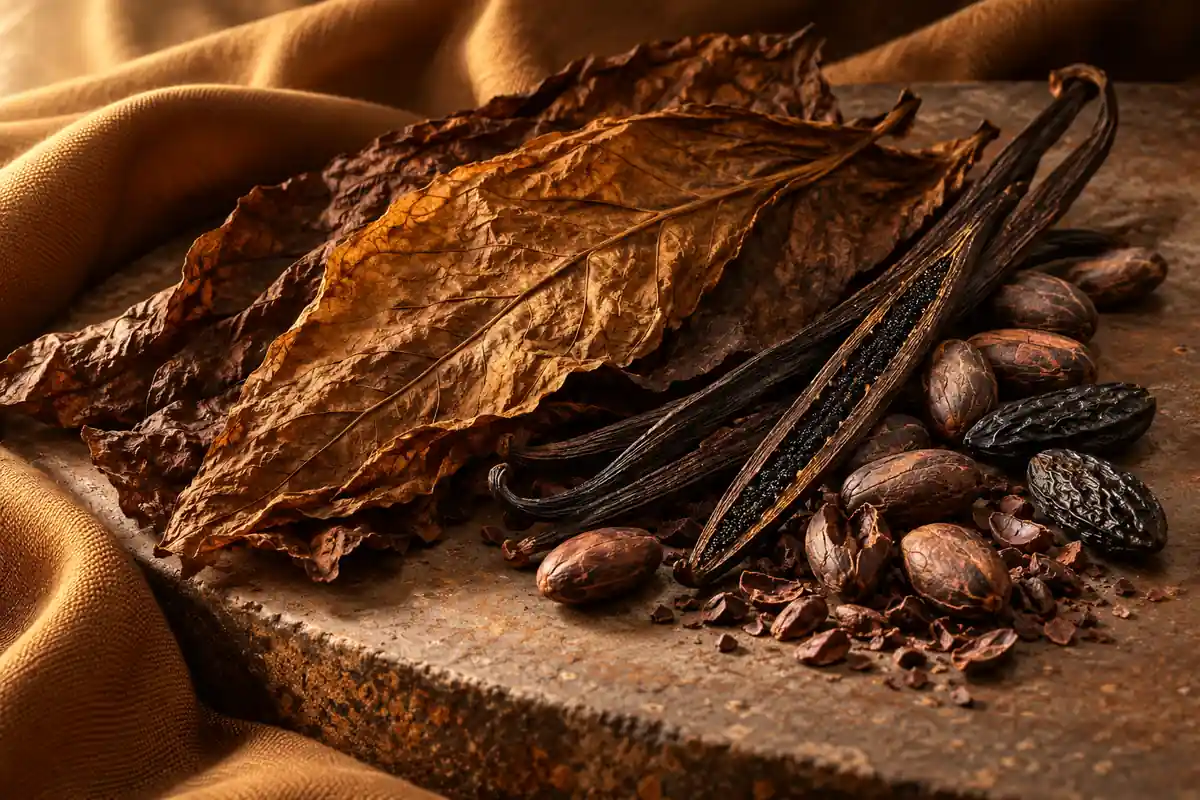 Hojas de tabaco, vainilla, cacao y tonka sobre piedra marrón