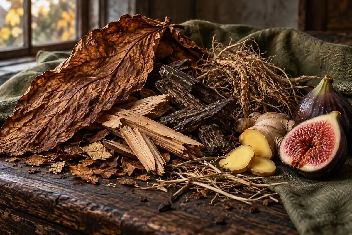Hojas de tabaco con madera, vetiver, jengibre e higo