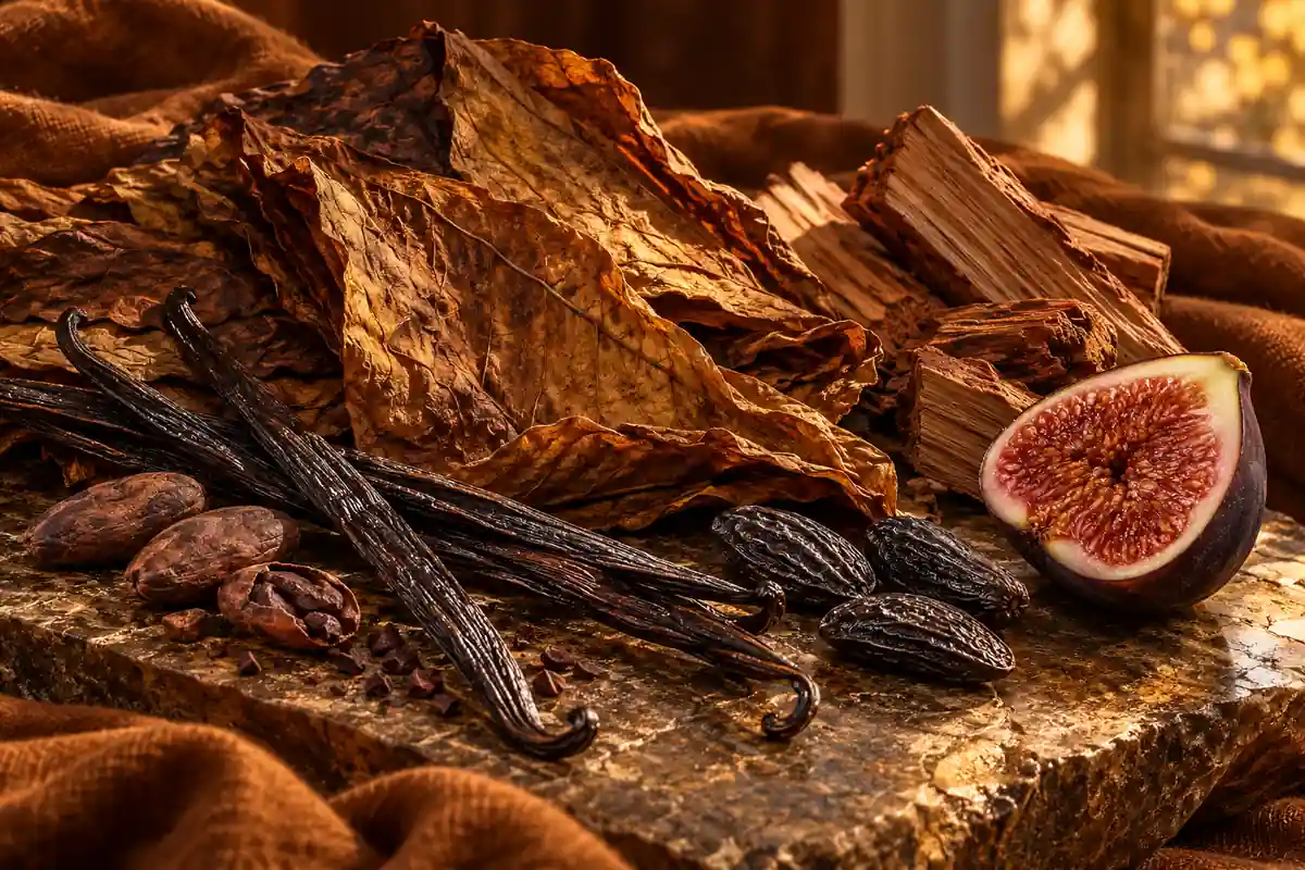 Hojas de tabaco con vainilla, cacao, tonka, madera e higo