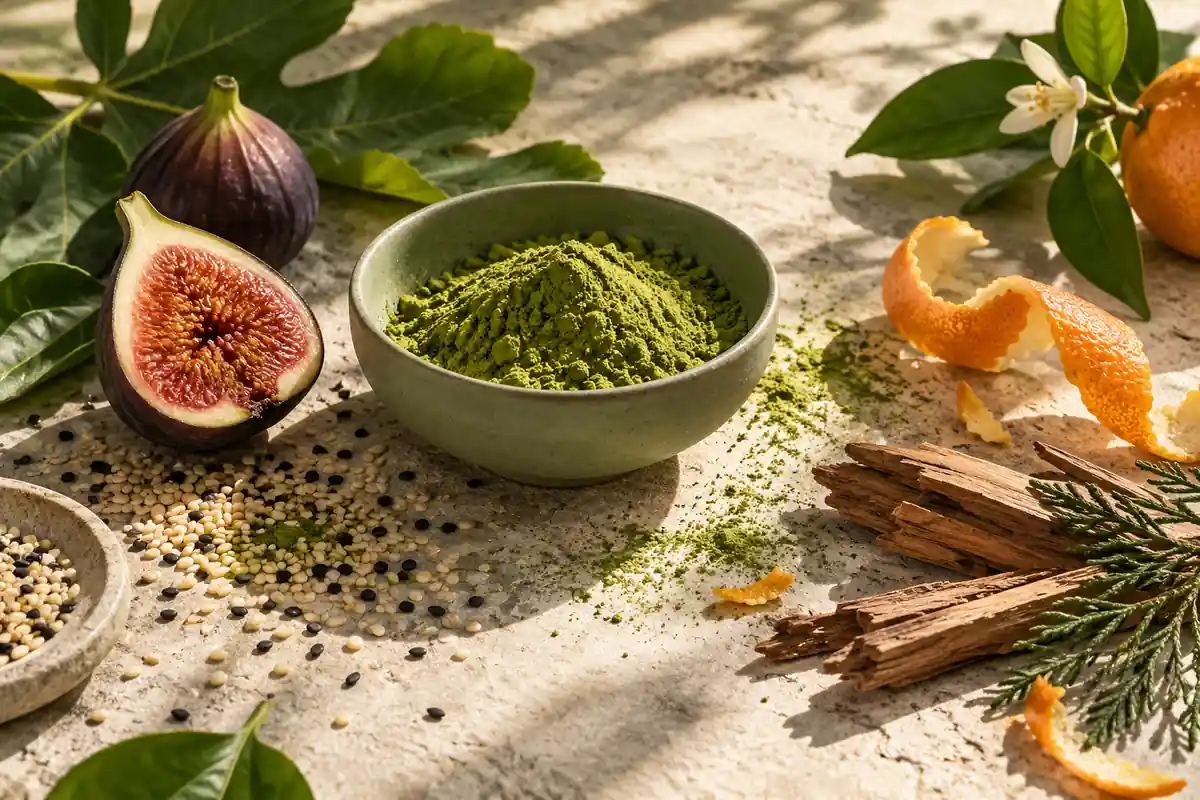 Matcha, higo, sésamo, naranja amarga y cedro sobre piedra
