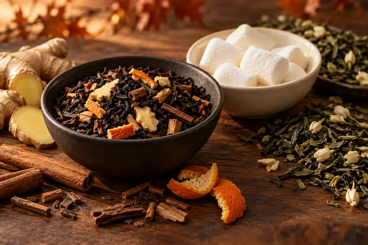 Té negro con jengibre y canela junto a té verde y malvavisco