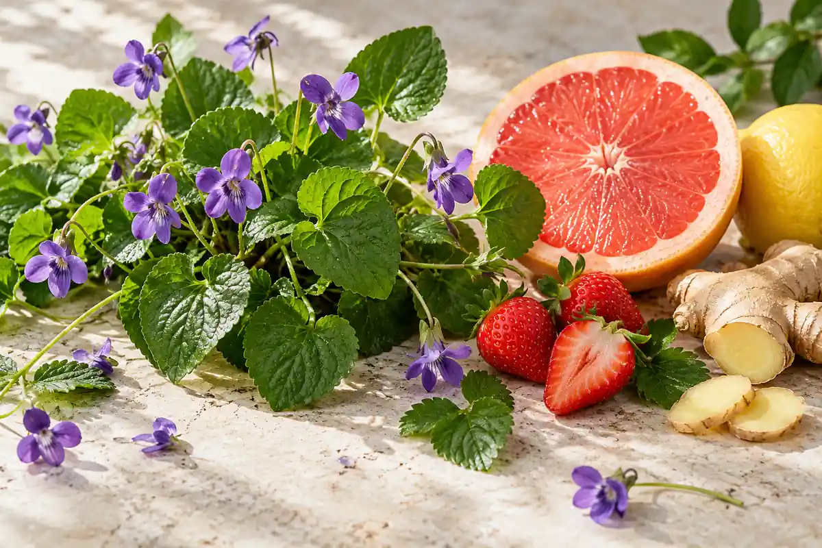Perfumes de violeta: cómo elegir entre flores, hojas verdes y notas empolvadas 2 Hojas y flores de violeta con toronja, fresas, jengibre y limón
