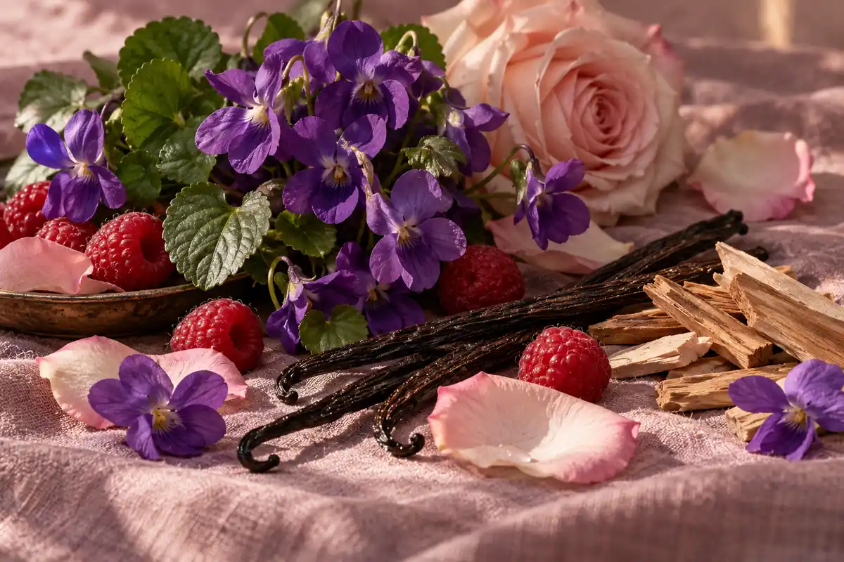 Perfumes de violeta: cómo elegir entre flores, hojas verdes y notas empolvadas 3 Violetas, frambuesas, pétalos de rosa y vainilla sobre lino malva