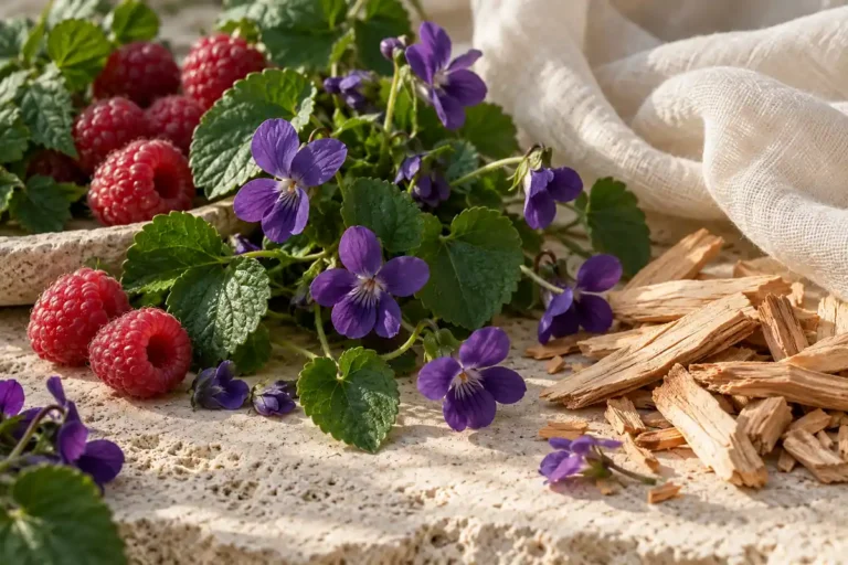 Flores pequeñas de violeta con hojas verdes, frambuesas y sándalo