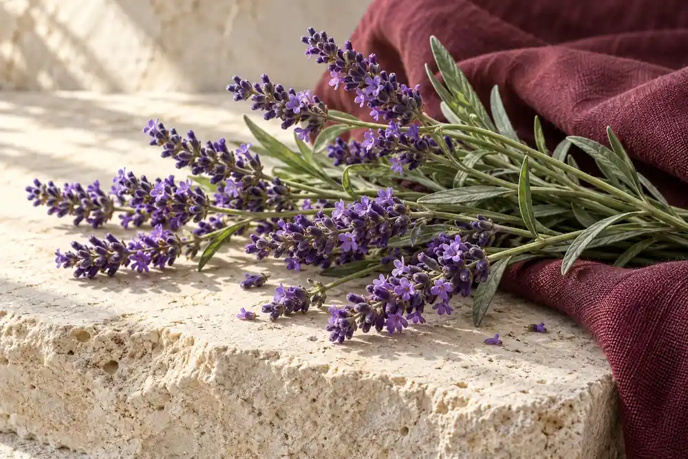 Ramas de lavanda sobre piedra y tejido burdeos: ilustración del corazón aromático de Rosa Dorada 672