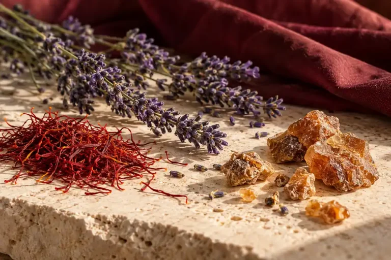 Azafrán, lavanda y resina de benjuí sobre piedra clara: perfil de inspiración de Rosa Dorada 672