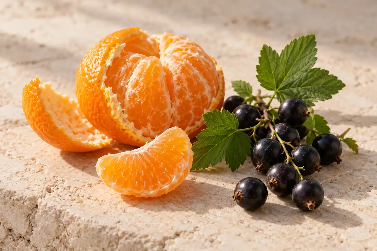 Mandarina y grosella negra sobre piedra clara: notas de inspiración de Rosa Dorada 673
